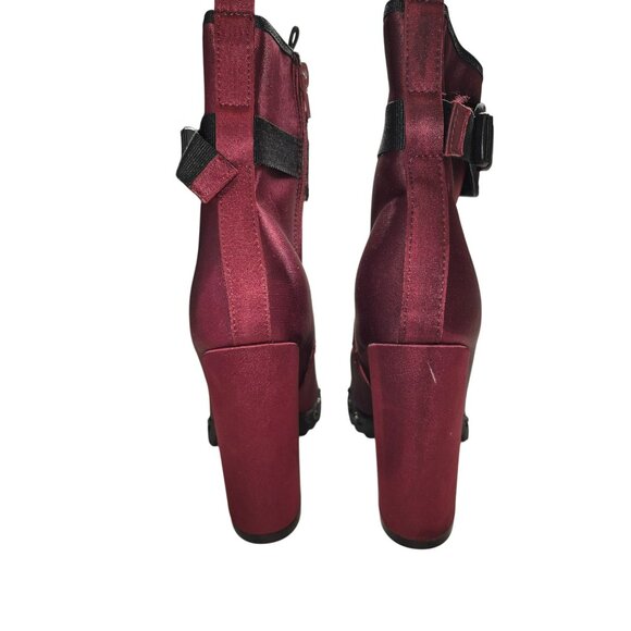 Burgundy Satin High-Heel Combat Boots Studded Soles Womens Size 7 - Picture 3 of 7